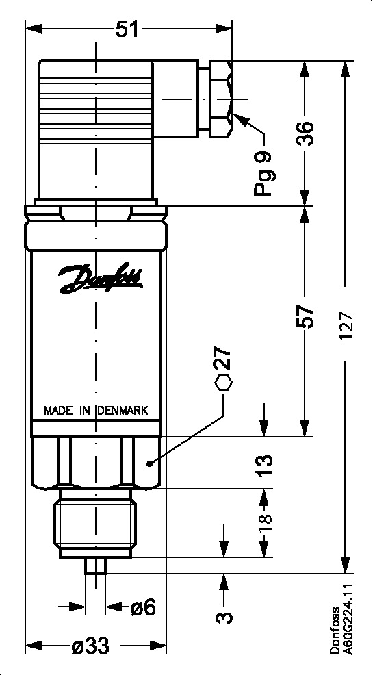 Pressure transmitter, AKS 33, -1.00 bar - 12.00 bar, -14.50 psi