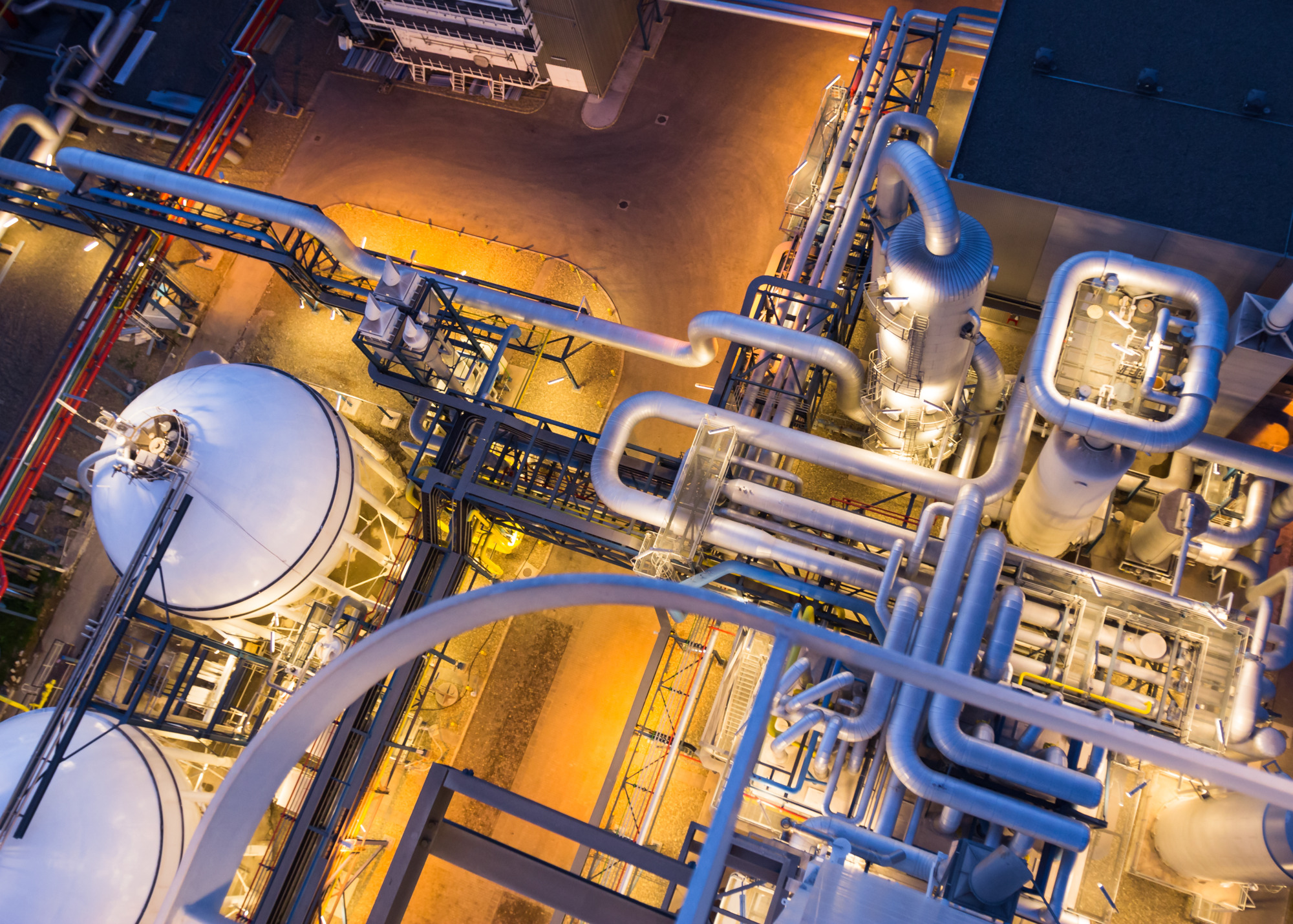 Piping system in industrial plant from above